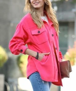 42POPS | Fuchsia Pocket Button-Up Fleece Shacket - Women