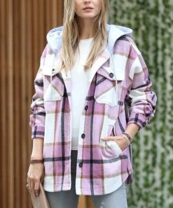 42POPS | Pink Plaid Drawstring Pocket Hooded Shacket - Women