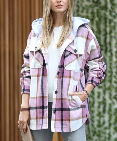 42POPS | Pink Plaid Drawstring Pocket Hooded Shacket - Women