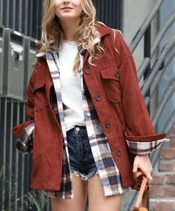 42POPS | Dark Rust Corduroy Curved-Hem Pocket Oversize Shacket - Women