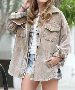 42POPS | Olive Vintage-Wash Corduroy Pocket Oversize Shacket - Women