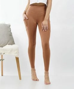 42POPS | Dark Camel Wide-Waistband Pocket Leggings - Women