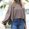42POPS | Mocha Melange Seam Crewneck Wide-Sleeve Slit-Hem Sweater - Women