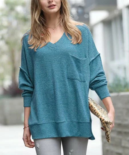 42POPS | Teal Melange V-Neck Hi-Low Pocket Sweater - Women
