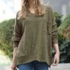 42POPS | Dark Olive Melange V-Neck Hi-Low Pocket Sweater - Women