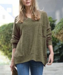 42POPS | Dark Olive Melange V-Neck Hi-Low Pocket Sweater - Women