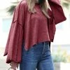42POPS | Dark Burgundy Melange Seam Crewneck Wide-Sleeve Slit-Hem Sweater - Women