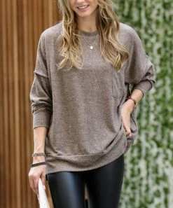 42POPS | Mocha Melange Drop-Shoulder Crewneck Sweater - Women