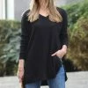 42POPS | Black Waffle V-Neck Long-Sleeve Side-Slit Tunic - Women
