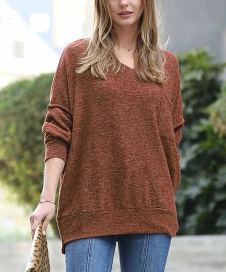 42POPS | Dark Rust Melange V-Neck Hi-Low Pocket Sweater - Women