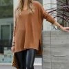 42POPS | Deep Camel Waffle Side-Slit V-Neck Hi-Low Sweater - Women
