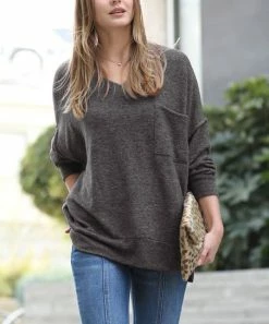 42POPS | Black Melange V-Neck Hi-Low Pocket Sweater - Women