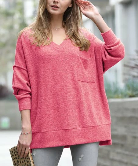 42POPS | Rose Melange V-Neck Hi-Low Pocket Sweater - Women