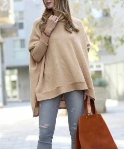 42POPS | Ash Mocha Melange Cowl Neck Long-Sleeve Hi-Low Poncho - Women