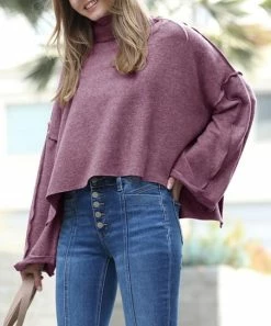 42POPS | Eggplant Melange Seam Crewneck Wide-Sleeve Slit-Hem Sweater - Women