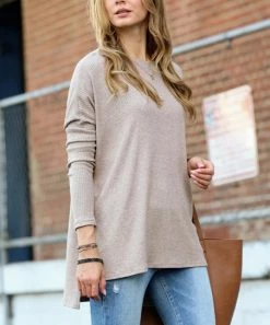 42POPS | Heather Mocha Ribbed Crewneck Slit-Hem Sweater - Women