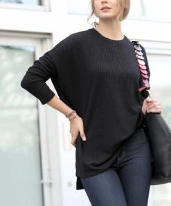 42POPS | Black Slit-Accent Waffle Crewneck Hi-Low Sweater - Women