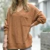 42POPS | Dark Camel Melange V-Neck Hi-Low Pocket Sweater - Women
