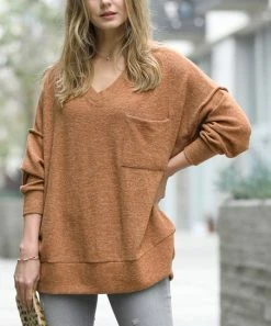 42POPS | Dark Camel Melange V-Neck Hi-Low Pocket Sweater - Women