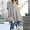 42POPS | Ash Mocha Waffle Side-Slit V-Neck Hi-Low Sweater - Women