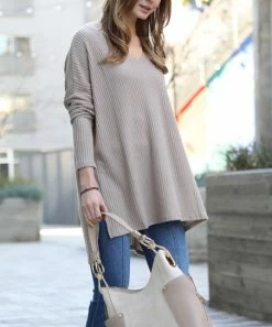 42POPS | Ash Mocha Waffle Side-Slit V-Neck Hi-Low Sweater - Women