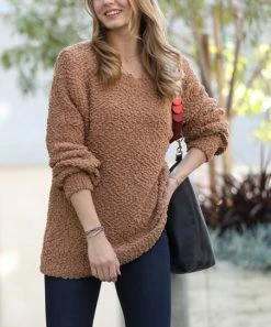 42POPS | Deep Camel Popcorn Crewneck Balloon-Sleeve Sweater - Women