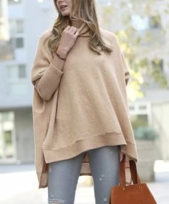 42POPS | Ash Mocha Oversize Cowl Neck Hi-Low Poncho Sweater - Women