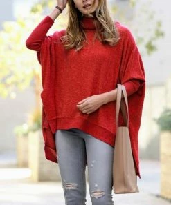 42POPS | Dark Red Oversize Cowl Neck Hi-Low Poncho Sweater - Women