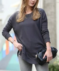 42POPS | Ash Gray Waffle Drop-Shoulder Crewneck Sweater - Women