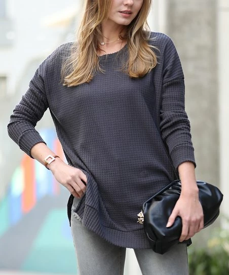 42POPS | Ash Gray Waffle Drop-Shoulder Crewneck Sweater - Women