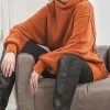 42POPS | Almond Oversize Drop-Shoulder Turtleneck Bishop-Sleeve Sweater - Women