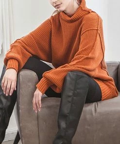 42POPS | Almond Oversize Drop-Shoulder Turtleneck Bishop-Sleeve Sweater - Women