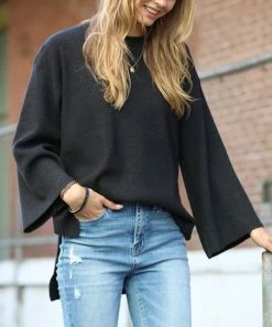 42POPS | Charcoal Crewneck Bell-Sleeve Hi-Low Sweater - Women