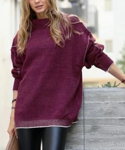 42POPS | Dark Burgundy Raw-Seam Oversize Mock Neck Drop-Shoulder Sweater - Women