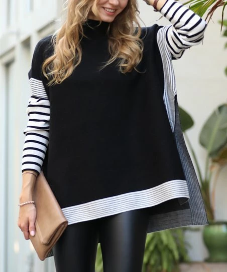 42POPS | Black Stripe Contrast Mock Neck Hi-Low Sweater - Women