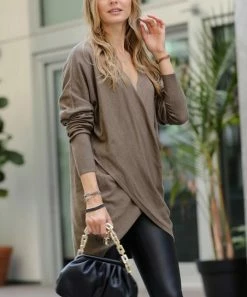 42POPS | Heather Mocha Drop-Shoulder Cross-Front Sweater - Women