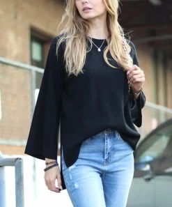 42POPS | Black Crewneck Bell-Sleeve Hi-Low Sweater - Women