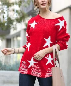 42POPS | Ruby & Ivory Star Distressed Drop-Shoulder Boatneck Sweater - Women
