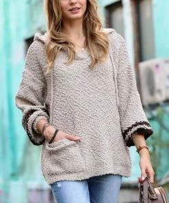 42POPS | Light Mocha & Brown Popcorn Stripe-Sleeve Hooded Pocket Sweater - Women