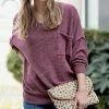 42POPS | Eggplant Oversize V-Neck Hi-Low Pocket Sweater - Women