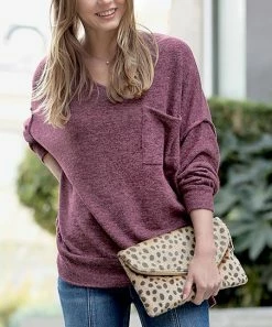 42POPS | Eggplant Oversize V-Neck Hi-Low Pocket Sweater - Women