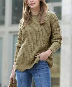 42POPS | Khaki Crewneck Raglan-Sleeve Scallop-Hem Sweater - Women