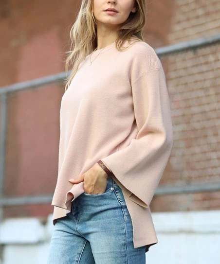 42POPS | Dusty Blush Crewneck Bell-Sleeve Hi-Low Sweater - Women