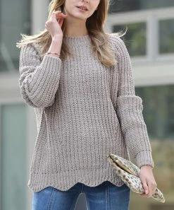 42POPS | Ash Mocha Crewneck Raglan-Sleeve Scallop-Hem Sweater - Women