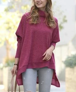 42POPS | Dark Burgundy Oversize Cowl Neck Hi-Low Poncho Sweater - Women