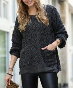 42POPS | Ash Gray Popcorn Oversize Side-Slit Hi-Low Pocket Sweater - Women