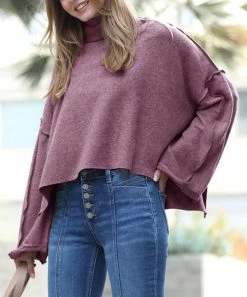 42POPS | Eggplant Side-Slit Mock Neck Drop-Shoulder Hi-Low Sweater - Women