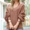 42POPS | Deep Camel Double V-Neck Balloon-Sleeve Sweater - Women