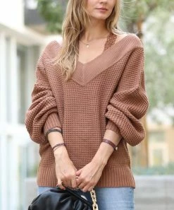 42POPS | Deep Camel Double V-Neck Balloon-Sleeve Sweater - Women
