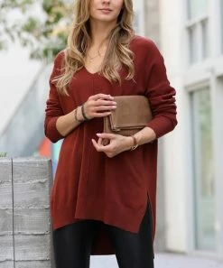 42POPS | Dark Rust Front-Seam Side-Slit V-Neck Hi-Low Sweater - Women